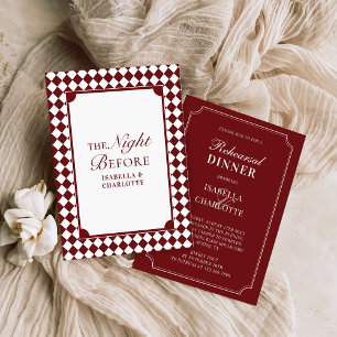 Burgundy Chequered Old Money Rehearsal Dinner Invitation
