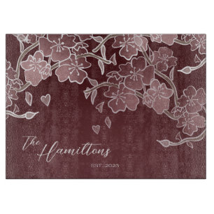 Burgundy Cherry Blossom Custom Established Year Cutting Board