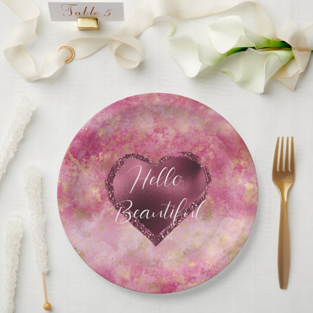 Burgundy Cherry Glitter Heart    Paper Plate (Wedding)