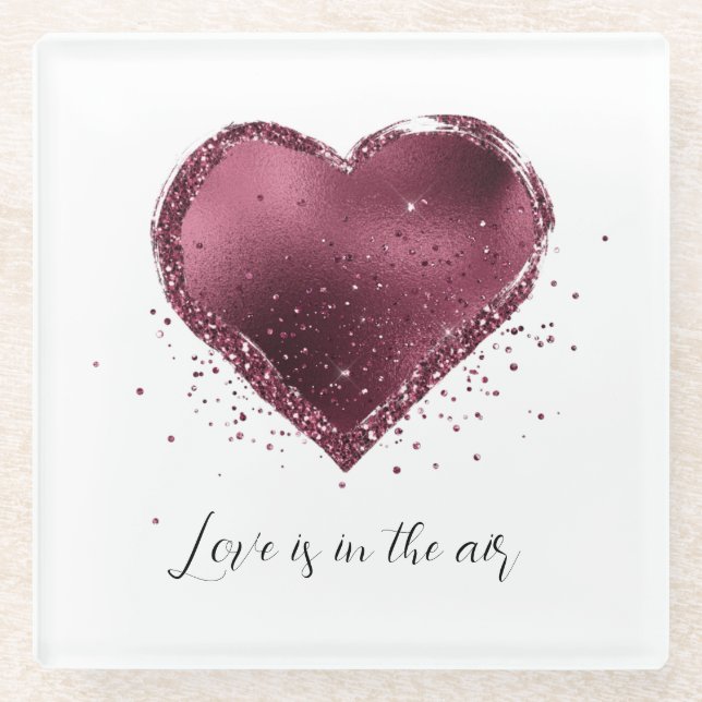 Burgundy Cherry Glitter Sparkle Heart Love  Glass Coaster (Front)