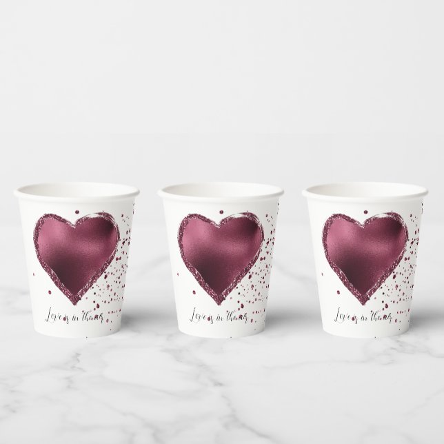 Burgundy Cherry Glitter Sparkle Heart Love  Paper Cups (Multi)