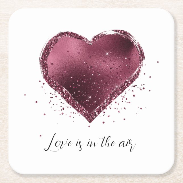Burgundy Cherry Glitter Sparkle Heart Love  Square Paper Coaster (Front)