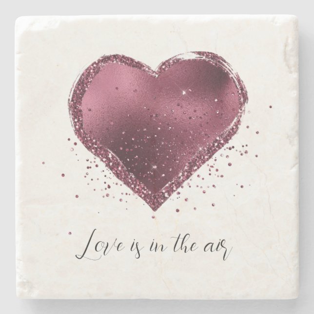 Burgundy Cherry Glitter Sparkle Heart Love  Stone Coaster (Front)