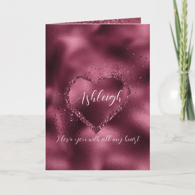 Burgundy Cherry Glitter Sparkle Heart Personalised Card (Front)