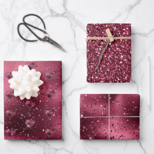 Burgundy Cherry Glitter Sparkle Heart   Wrapping Paper Sheet