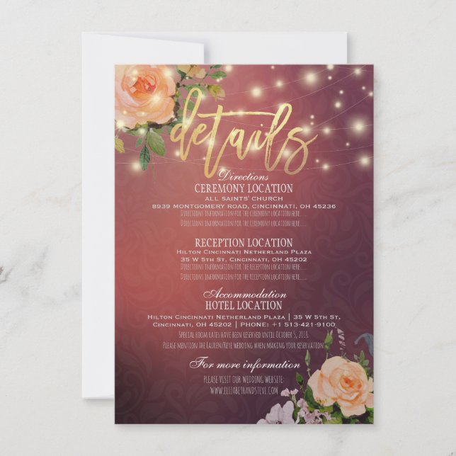 Burgundy Chic Floral String Lights Wedding Detail Invitation (Front)