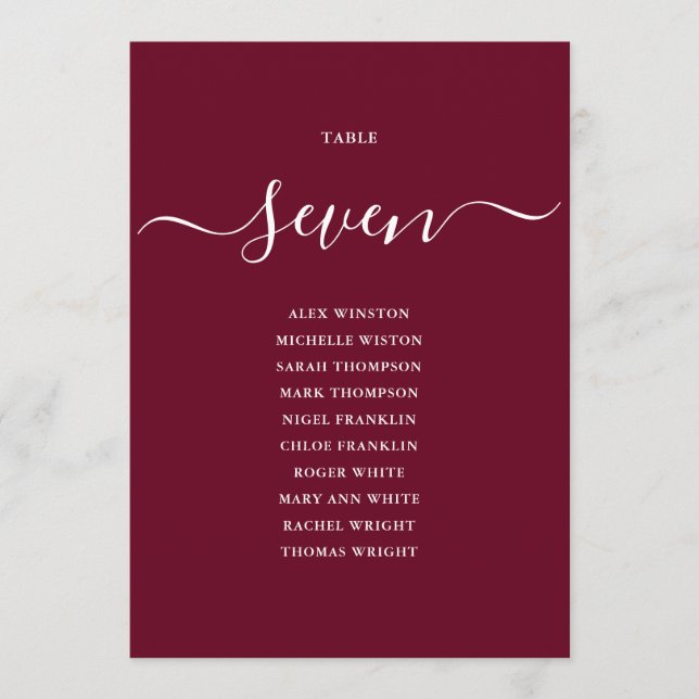 Burgundy Chic Script Table Number Seating Chart (Front)