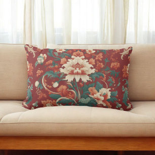 Burgundy Chinoiserie Antique Floral Retro Vintage Lumbar Cushion