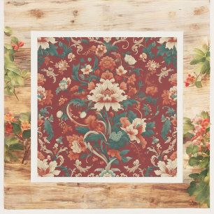 Burgundy Chinoiserie Antique Floral Vintage Summer Napkin