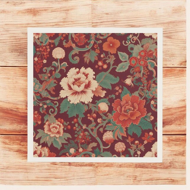 Burgundy Chinoiserie Antique Floral Vintage Summer Napkin (Creator Uploaded)