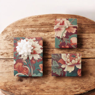 Burgundy Chinoiserie Antique Toile de Jouy Floral  Wrapping Paper Sheet