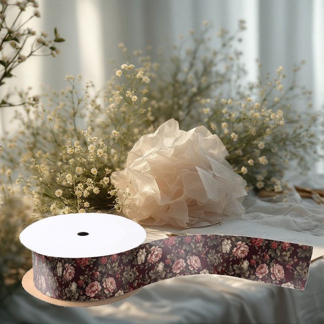 Burgundy Chinoiserie Christmas Romantic Floral Art Satin Ribbon (Burgundy Chinoiserie Christmas Romantic Floral Art Satin Ribbon)