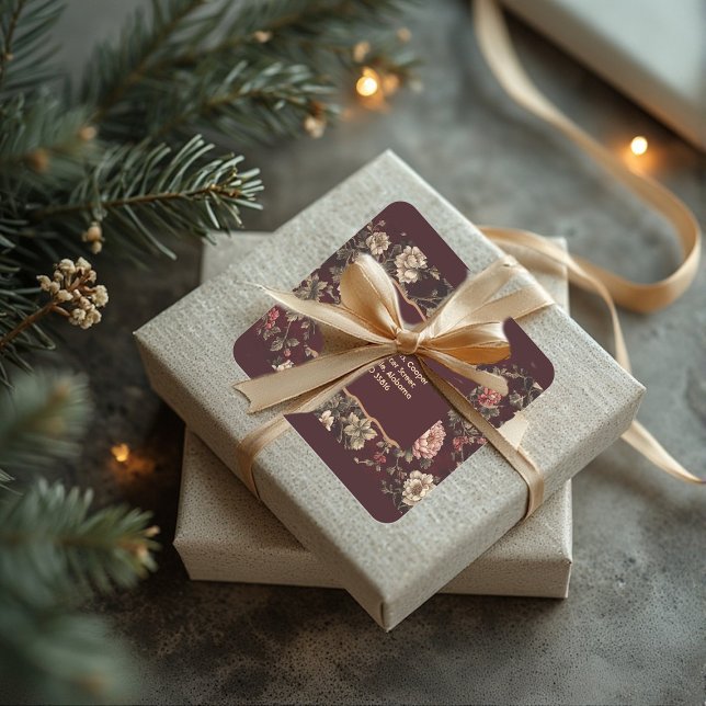 Burgundy Chinoiserie Christmas Romantic Wedding Square Sticker (Burgundy Chinoiserie Christmas Romantic Wedding Square Sticker)