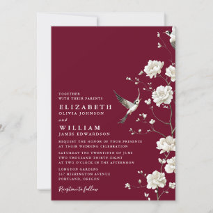 Burgundy Chinoiserie Floral Garden QR Code Wedding Invitation