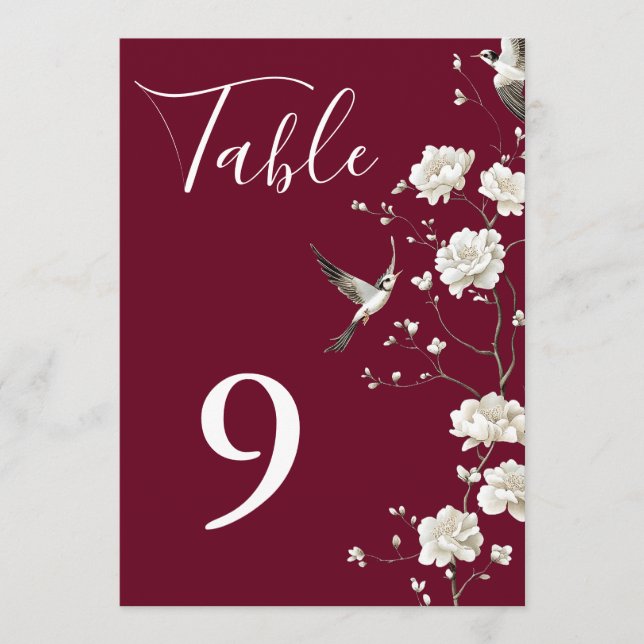 Burgundy Chinoiserie Floral Garden Table Numbers (Front)