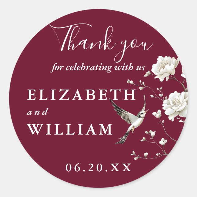 Burgundy Chinoiserie Floral Wedding Thank You Classic Round Sticker (Front)