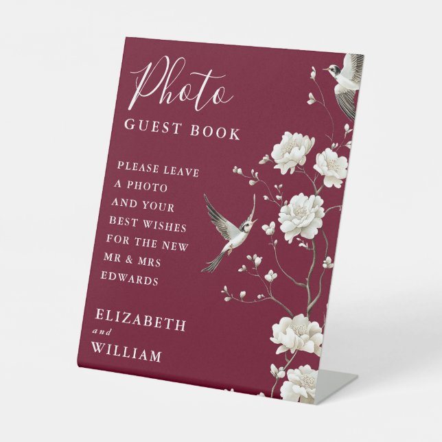 Burgundy Chinoiserie Photo Guest Book Wedding Pedestal Sign (Front)