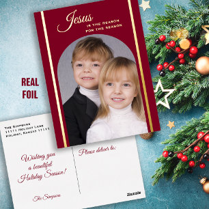 Burgundy Christian Christmas Photo Gold  Foil Holiday Postcard