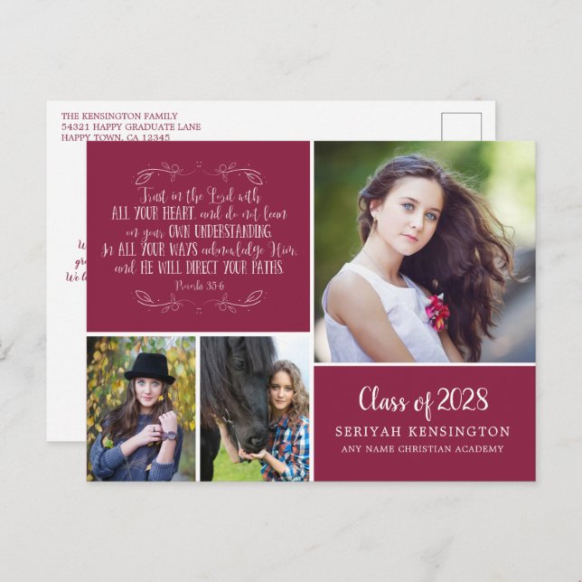 Burgundy Christian Graduation Proverbs 3 Photo Postcard (Front/Back)