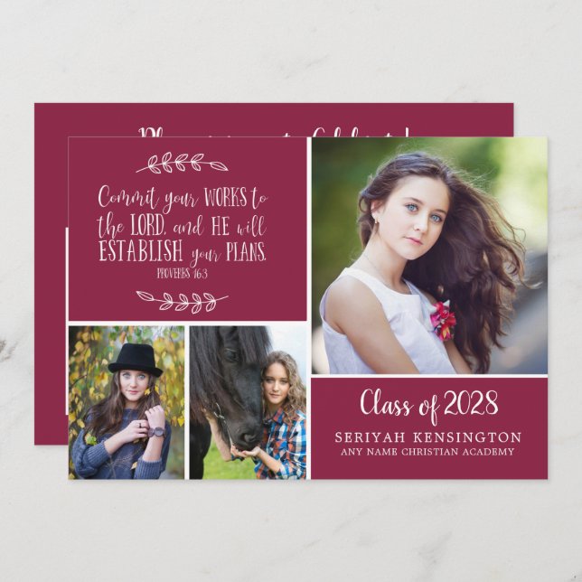 Burgundy Christian Proverbs Graduation Invitation (Front/Back)
