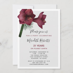 Burgundy Christmas Amaryllis 21st Birthday Party  Invitation
