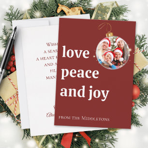 Burgundy Christmas Family Photo Love Peace Joy  Holiday Card