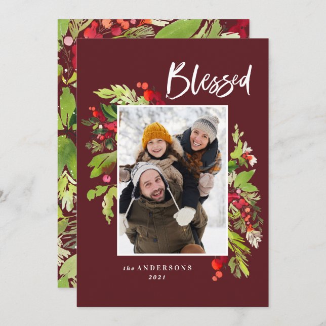 Burgundy Christmas foliage rustic 1 photo Holiday Card (Front/Back)