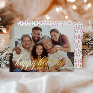 Burgundy Christmas Pattern Simple Script Foil Holiday Card