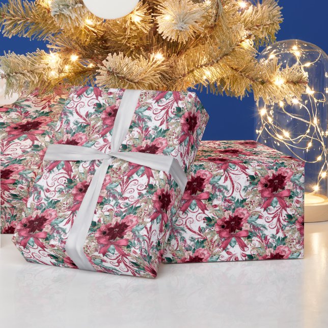 Burgundy Christmas Poinsettia Watercolor Wrapping  Wrapping Paper (Holidays)