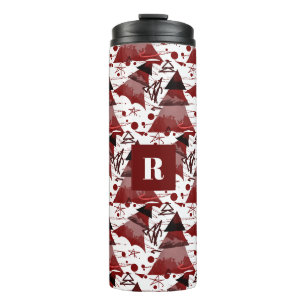 Burgundy Christmas Tree Pattern Monogrammed Thermal Tumbler