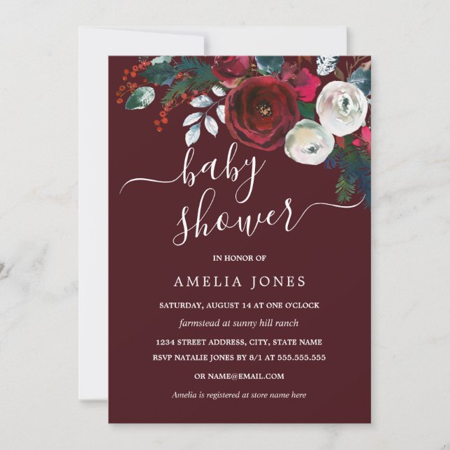 Burgundy Christmas Watercolor Floral Baby Shower Invitation (Front)