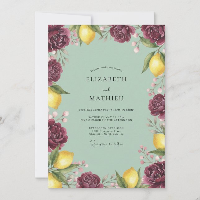 Burgundy Citrus Bloom Wedding Invitation (Front)