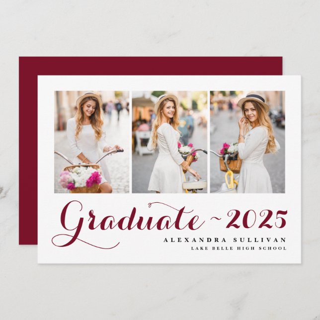 Burgundy Class of 2025 Photo Collage Graduation Announcement (Front/Back)