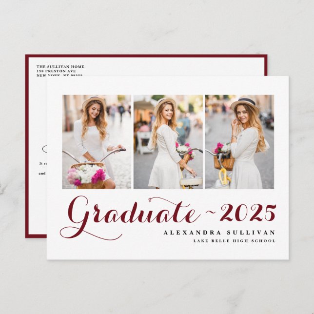Burgundy Class of 2025 Photo Collage Graduation Announcement Postcard (Front/Back)