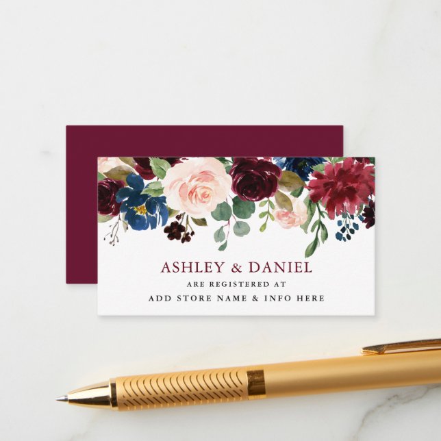 Burgundy Classic Blue Floral Wedding Registry Enclosure Card (Front/Back In Situ)