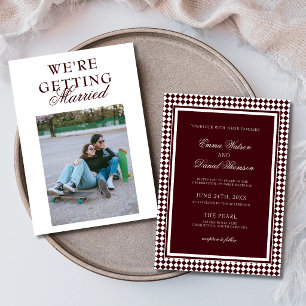 Burgundy Classic Harlequin Border Photo Wedding Invitation