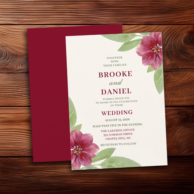 Burgundy Clematis Sage Leaf Wedding Invitation (Creator Uploaded)