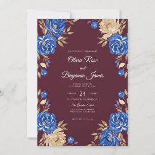 Burgundy Cobalt Flower Eucalyptus Wedding Invitation