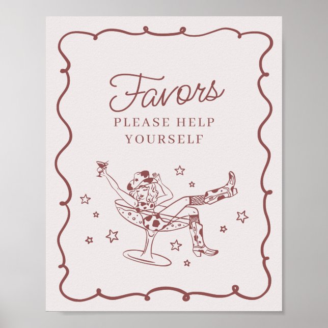 Burgundy Cocktails and Cowgirls Rodeo Favours Sign (Front)