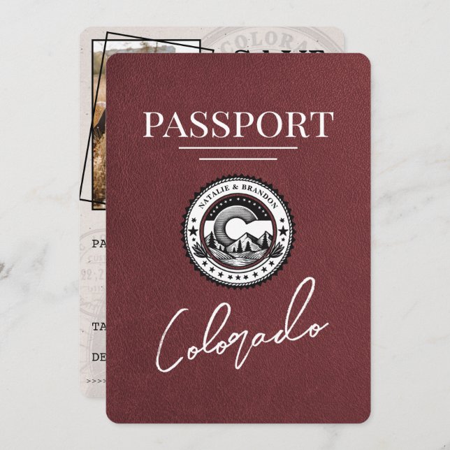 Burgundy Colorado Passport Save The Date (Front/Back)