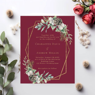 Burgundy cone greenery gold wedding invitation