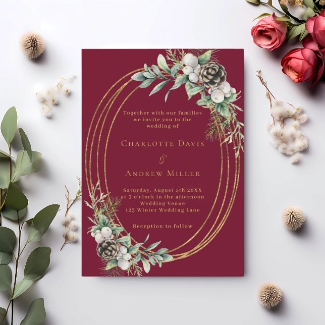 Burgundy cone pine greenery gold frame wedding invitation (Creator Uploaded)
