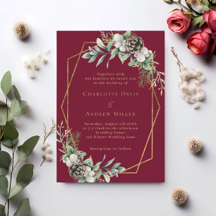 Burgundy cone pine greenery gold geometric wedding invitation