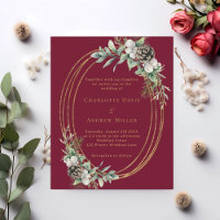 Burgundy cone pine greenery wedding invitation