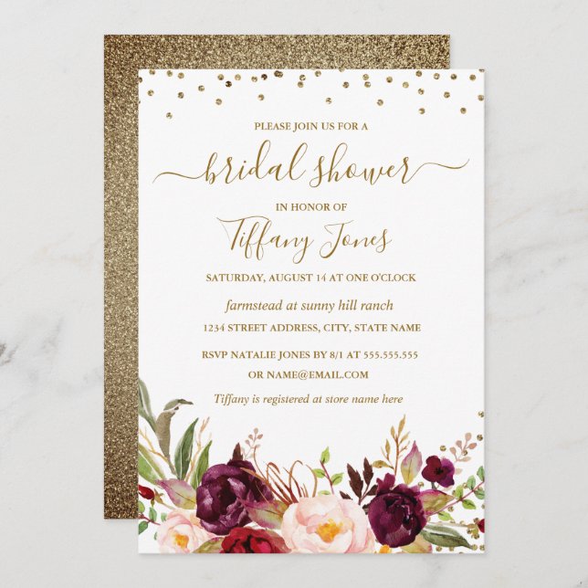Burgundy Confetti Floral Gold Bridal Shower Invitation (Front/Back)