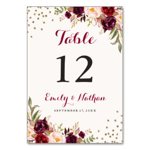 Burgundy Confetti Floral Table Number