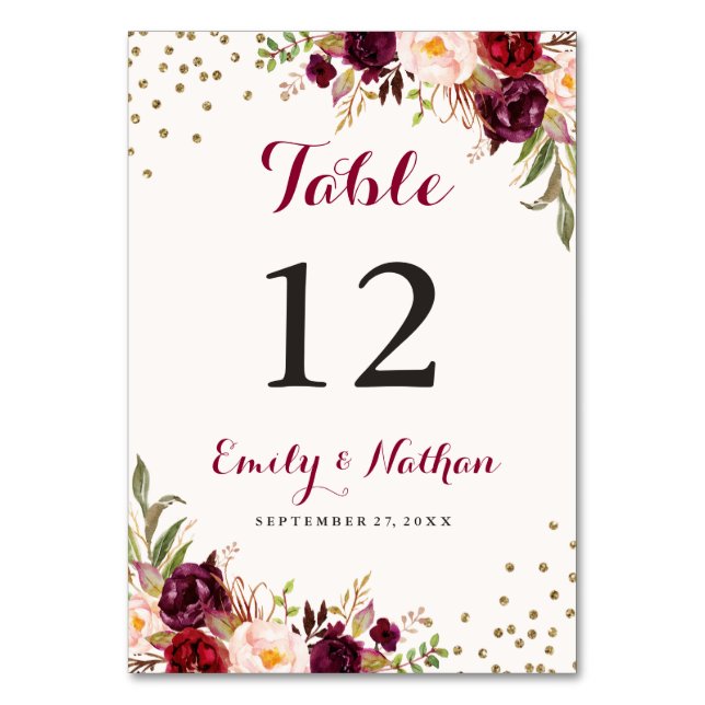 Burgundy Confetti Floral Table Number (Back)