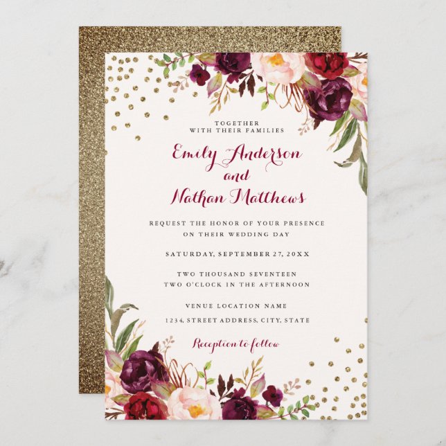 Burgundy Confetti Floral Wedding Invitation (Front/Back)
