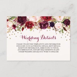 Burgundy Confetti Floral Wedding Reception Details Enclosure Card