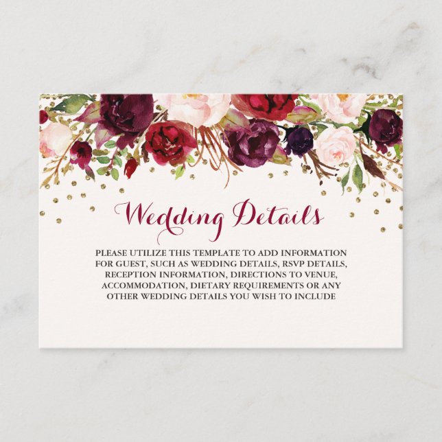 Burgundy Confetti Floral Wedding Reception Details Enclosure Card (Front)
